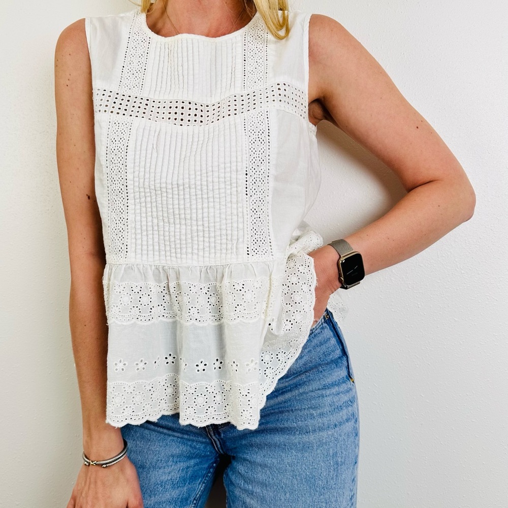 Zara Lace Crew Neck Tank Top Blouse Crochet Boho sleeveless Eyelet - Picture 4 of 6